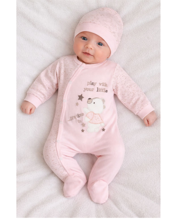 Haine bebe fetite - Salopeta cu caciulita, bebe, Ursulet, corai