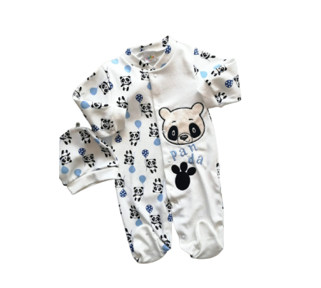 Haine bebe baietei - Salopeta cu caciulita,Micutul Panda ,albastru