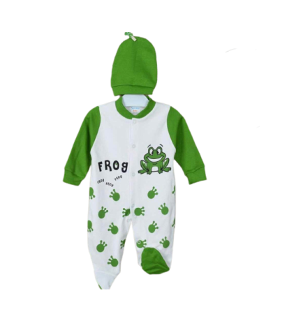 Haine bebe baietei - Salopeta, cu caciulita, Model animalute, Bubu-Still, cu inchidere pe piept, verde