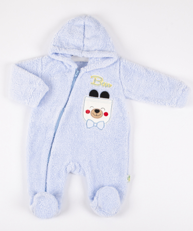 Haine bebe baietei - Salopeta, din cocolino, cu botosel, model puisor, albastru