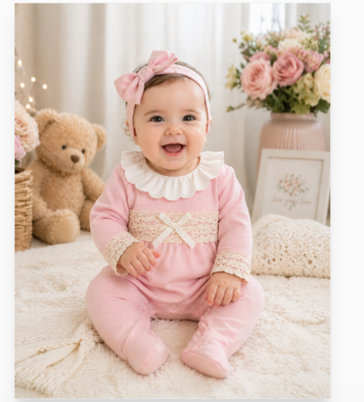 Set nou nascut - Salopeta eleganta, cu dantela, roz