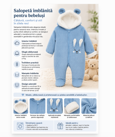 Combinezoane - Salopetă îmblănită pentru bebeluși – confort și protecție în sezonul rece, Cu botosei, Bleu