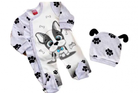 Haine bebe fetite - Salopeta imprimanta,catelus cu caciulita