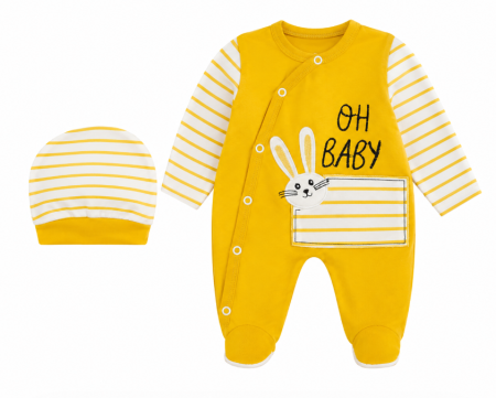 Haine bebe baietei - Salopetă pentru bebeluși, cu căciuliță din bumbac – Set 2 piese, galben