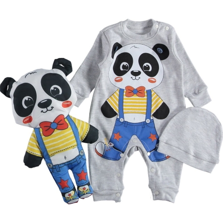 Haine bebe fetite - Salopeta plus caciulita,cu jucarie detasabila si non alergica,model ursulet