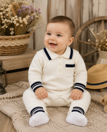 Haine bebe baietei - Salopeta tricotata, Model American Boy, Alb