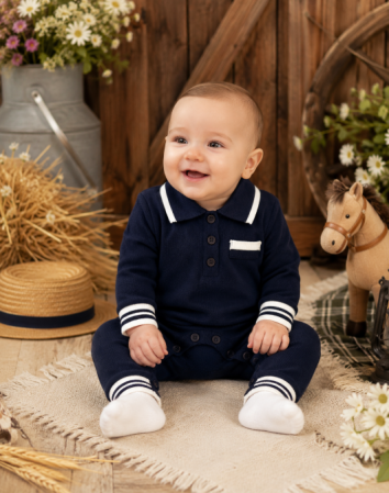 Set nou nascut - Salopeta tricotata, Model American Boy, Bleumarin