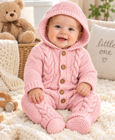 Haine bebe fetite - Salopetă tricotată pentru bebeluși cu glugă și nasturi, Roz