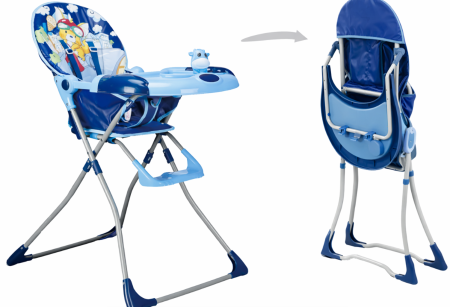 Scaun de masa - Scaun de masa pentru copii si bebe, Pliabil, Centura de siguranta, Masuta detasabila, Cu jucarie si suport de pahar, Albastru