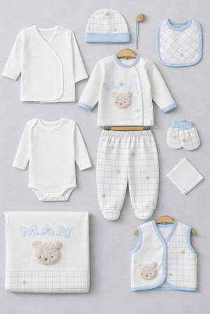 Trusou botez - Set 10 piese, Bumbac organic, Micul barbatel, Alb cu bleu