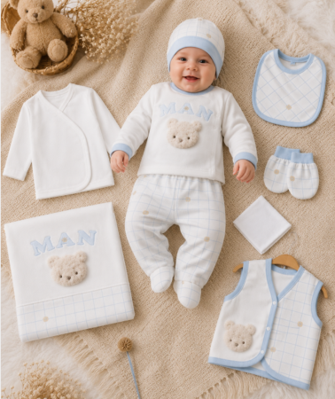 Set nou nascut - Set 10 piese, Bumbac organic, Micul barbatel, Alb cu bleu