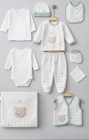Trusou botez - Set 10 piese, Bumbac organic, Micul barbatel, Alb cu vernil