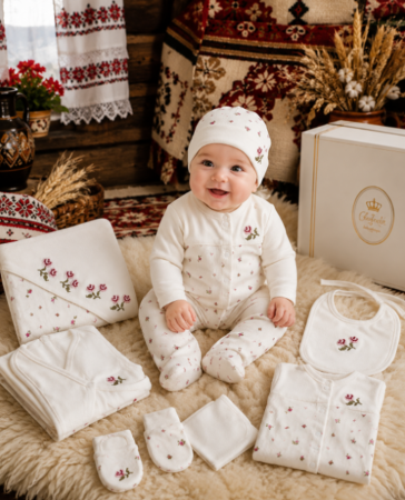 Costumase toamna-iarna - Set 10 piese, Bumbac organic, Model traditional, 0-3 luni