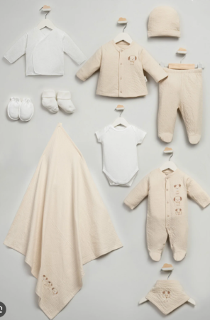 Set nou nascut - Set 10 piese, Bumbac organic, Vintage Beige