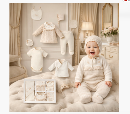 Rochita botez - Set 10 piese, Bumbac organic, Vintage Beige