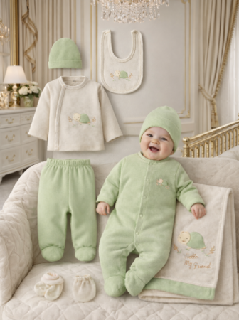 Hainute bumbac organic - Set 10 piese, Bumbac organic pieptanat, Vintage Green