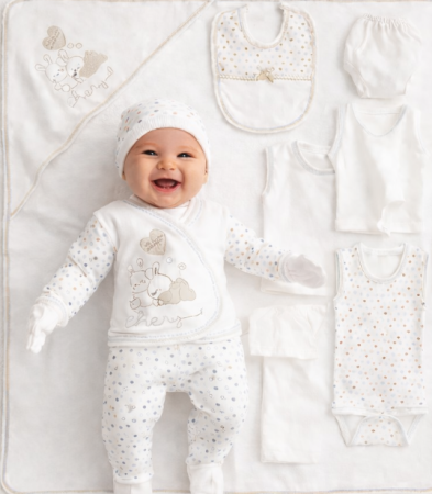 Haine bebe baietei - Set 10 piese haine Bebelusi, 100% Bumbac antialergic, 0-4 luni, Alb