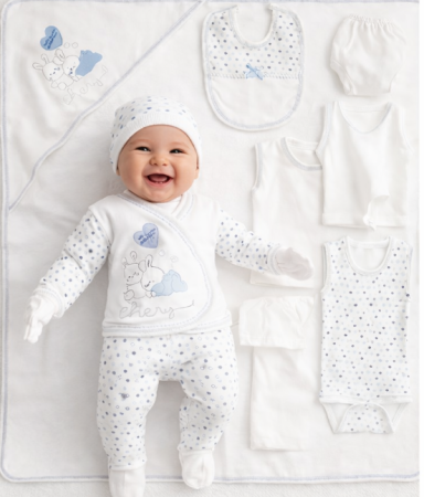 Set nou nascut - Set 10 piese haine Bebelusi, 100% Bumbac antialergic, 0-4 luni, Alb