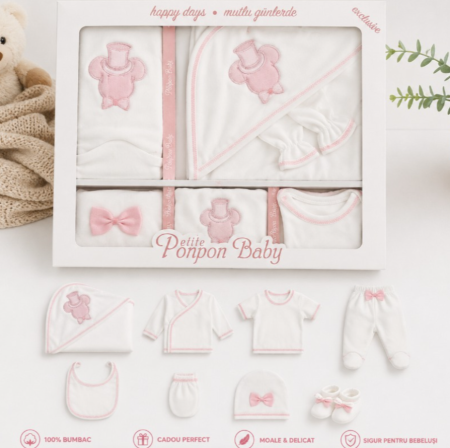 Costumase toamna-iarna - Set 10 piese haine Bebelusi, 100% Bumbac antialergic, 0-4 luni, Broderie Minnie