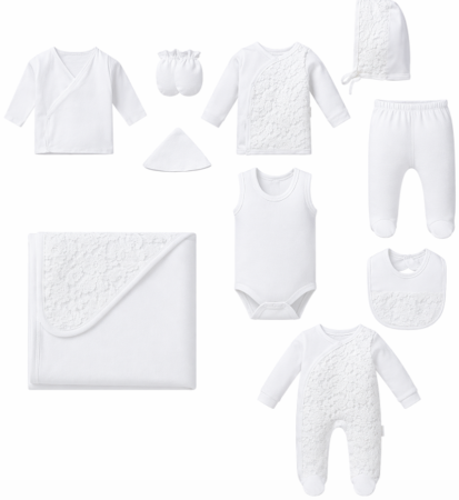 Costumase toamna-iarna - Set 10 piese haine Bebelusi, 100% Bumbac antialergic, 0-4 luni, Dantela brodata