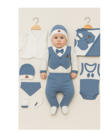 Costumase toamna-iarna - Set 10 piese, Nou născut Con con 0-3 Luni, Bumbac 100%, Luxury Smoking, Albastru