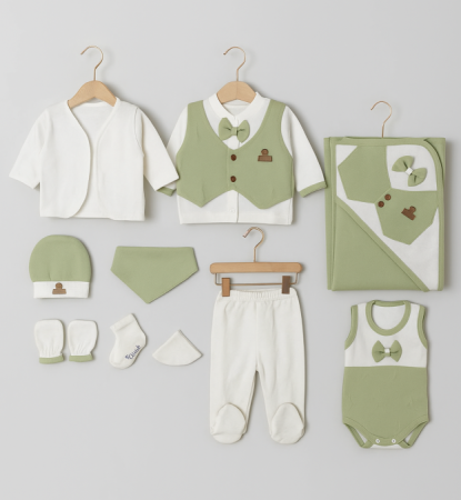 Set 10 piese, Nou născut Con con 0-3 Luni, Bumbac 100%, Luxury Smoking, Verde [1]