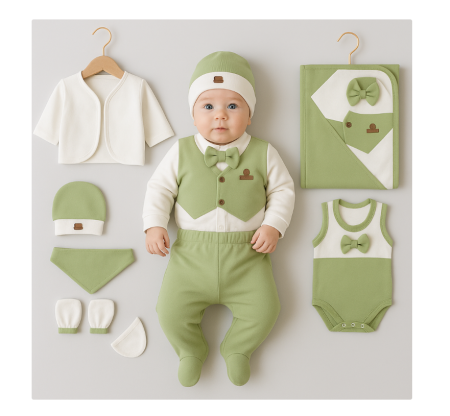 Costumase toamna-iarna - Set 10 piese, Nou născut Con con 0-3 Luni, Bumbac 100%, Luxury Smoking, Verde