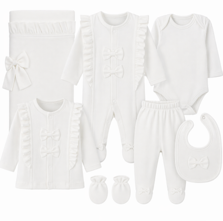 Costumase toamna-iarna - Set 10 piese, Nou născut Cayzen 0-3 Luni, Bumbac, cu fundite