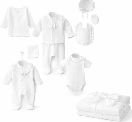 Set nou nascut - Set 10 piese, Nou născut Con con 0-3 Luni, Bumbac organic, Volant, Alb