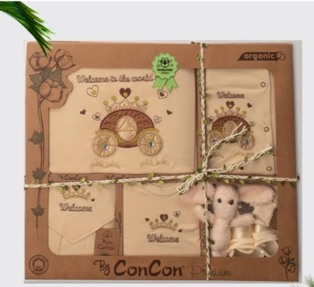 Set nou nascut - Set 10 piese, Nou născut Con con 0-3 Luni, Cu Cadou Jucărie, Bumbac organic