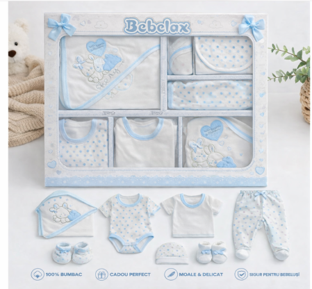 Set nou nascut - Set 10 piese nou nascut si bebelusi, Petino, 1-3 luni, model iepurasi, albastru