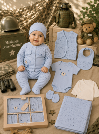 Set nou nascut - Set cadou 10 piese pentru nou nascuti, Bumbac Organic, Bebe in misiune, albastru