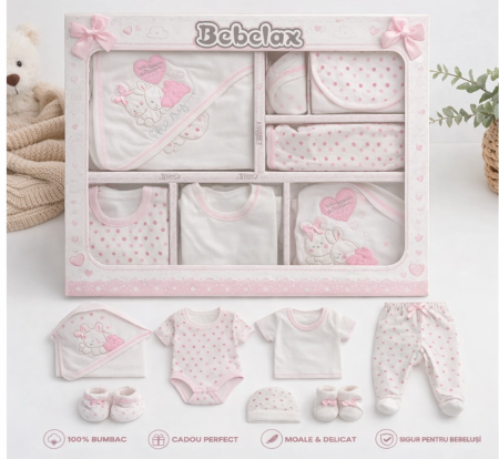 Set nou nascut - Set 10 piese nou nascut si bebelusi, Petino, 1-3 luni, model iepurasi, roz