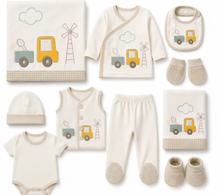 Hainute bumbac organic - Set 10 piese, pentru baieti, masinuta, 0-3 luni