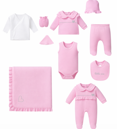 Costumase toamna-iarna - Set 10 piese, pentru nou-născut 0-3 luni, Colectie Lux, Roz
