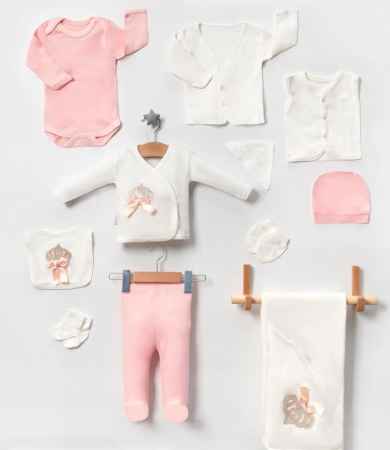 Set nou nascut - Set 10 piese, pentru nou-născut 0-3 luni, Colectie Lux, Roz