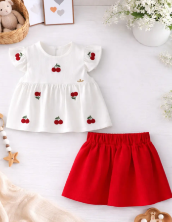 Rochite bebeluse - Set 2 piese, bluza si fustita, din panza topita, Model cirese