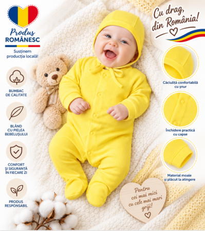 Haine bebe baietei - Set 2 piese, Pentru bebelusi, Cu salopeta, 0-3 luni, Galben