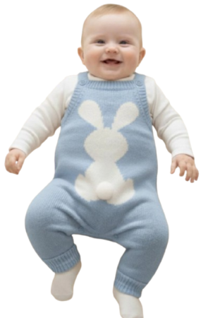 Set nou nascut - Set 2 piese, Salopeta tricotata si bluzita, Iepuras, Albastru