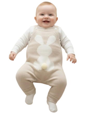 Costumase toamna-iarna - Set 2 piese, Salopeta tricotata si bluzita, Iepuras, Bej