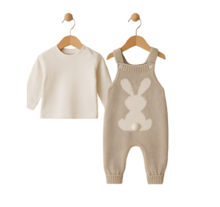 Salopete - Set 2 piese, Salopeta tricotata si bluzita, Iepuras, Bej