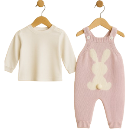 Set nou nascut - Set 2 piese, Salopeta tricotata si bluzita, Iepuras, Roz
