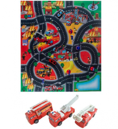 Puzzle si jocuri de construit - Set 3 masinute si mocheta tip covor de joaca pentru copii, model cu stingere incendiu in oras