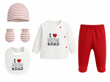 Costumase toamna-iarna - Set 5 piese, 0-3 luni, Imi iubesc parintii, Alb-rosu