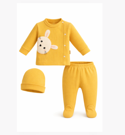 Costumase primavara-vara - Set 3 piese, 0-3 luni, Ursuletul curios, Mustar