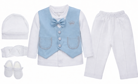 Haine botez - Set 5 piese, bebe baietel, pentru cadou si botez, 0-3 luni