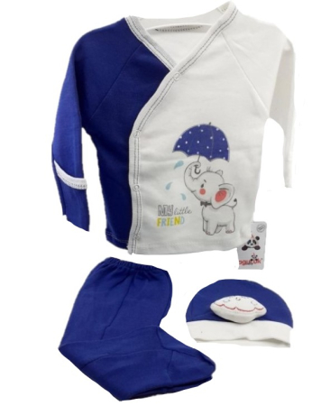 Haine bebe baietei - Set 3 piese bebe cu caciulita 3D,albastru