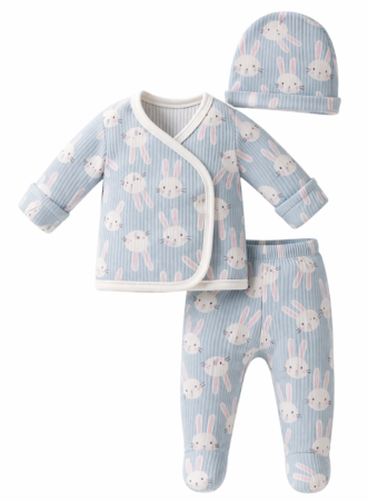 Set nou nascut - Set 3 piese, bumbac pieptanat, iepurasi