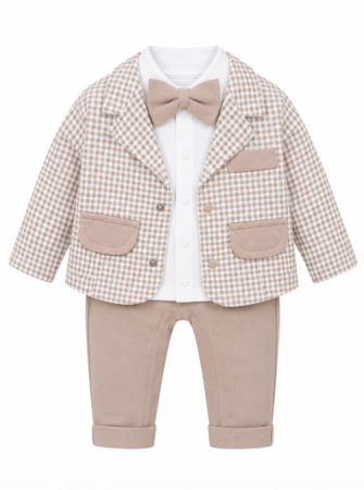 Haine bebe baietei - Set 3 piese, costum elegant usor matlasat, cu papion, Bej