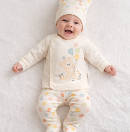 Haine bebe baietei - Set 3 piese, cu caciulita tip fes, Model balonase, 0-3 luni